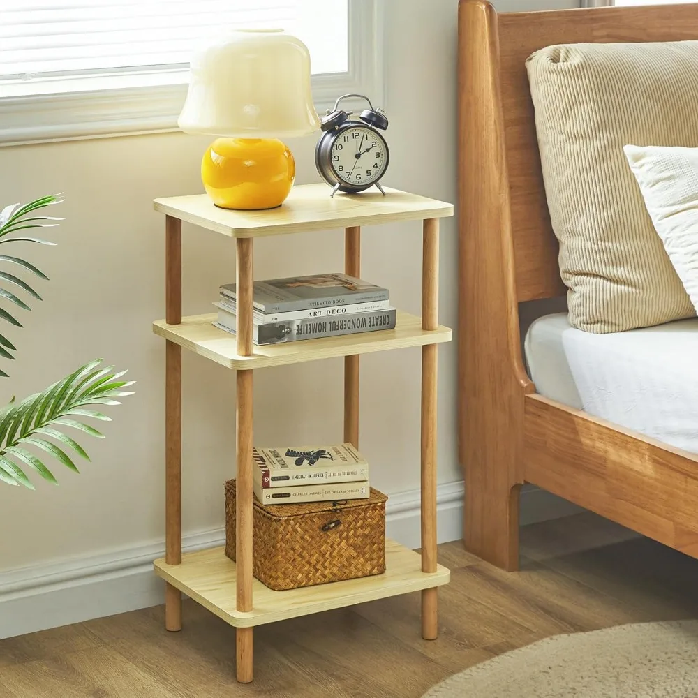 3-Tier Side Table, Solid Wood Tall End Table with Storage Shelves, Nightstand Bedside Table for Living Room Bedroom Offic