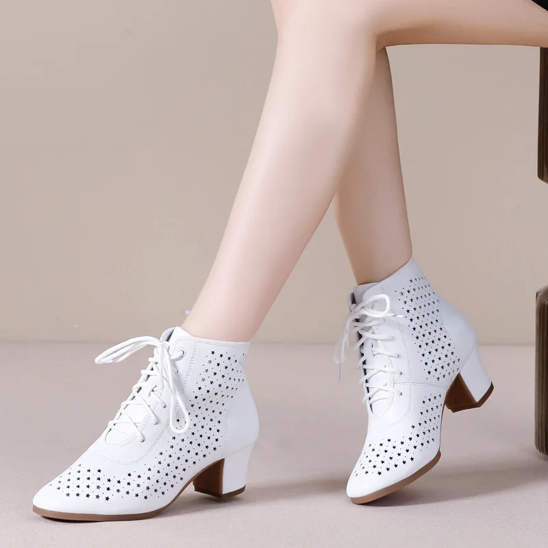 Women's Latin Dance Boots Square Heel Close Toe Ballroom Tango Performance Practice Dancing Shoes Women White Hollow Out