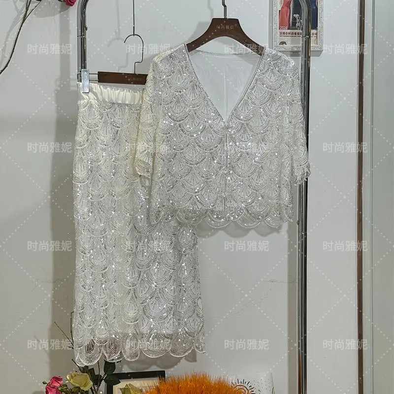 

2025 Summer French Style Sequin Cardigan Top for Women Short Sleeve Outerwear with Mid Length Lace Mermaid Skirt Elegant Set