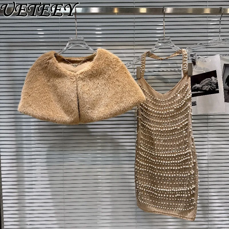 خريف شتاء جديد متعدد الاستخدامات أنيق موضة كاكي قطيفة شال الرأس + التخسيس اللؤلؤ Bodycon حزام فستان قصير مجموعة الحفلات