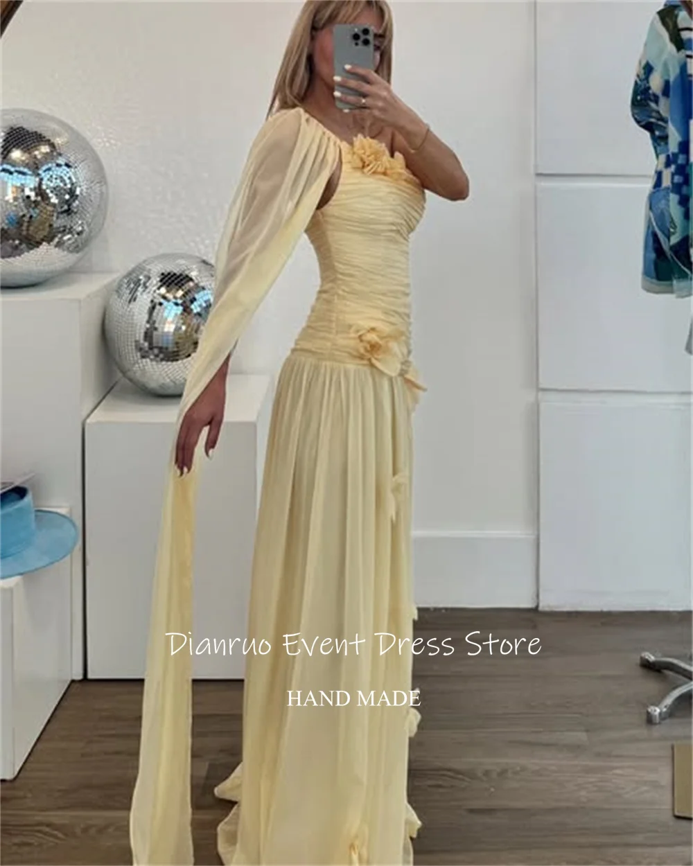 Dianruo plissado uma linha vestidos de noite chiffon amarelo vestidos de festa elegante um ombro praia vestidos de formatura personalizado