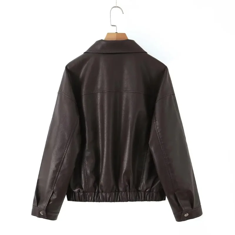 Black and Rown Loose Casual Leather Jackets Short Top Retro Locomotive Design Lapels Spliced Coat Fashion Women's Leather Jacket