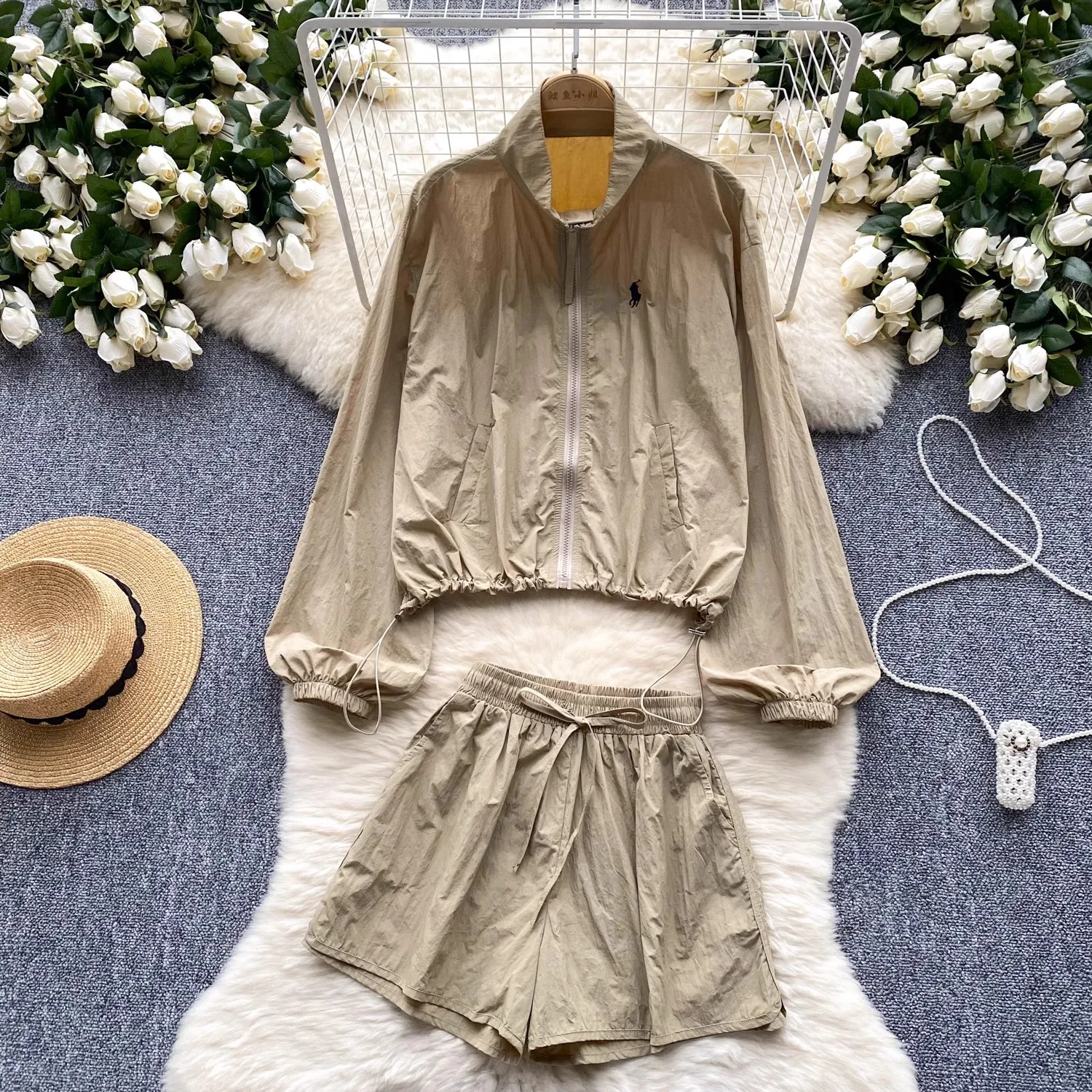 

Fashion Sun Protection Coat High-Waisted Shorts Suit Casual Summer Sports Standing Collar Drawstring Waist Sun Coat Shorts Suit