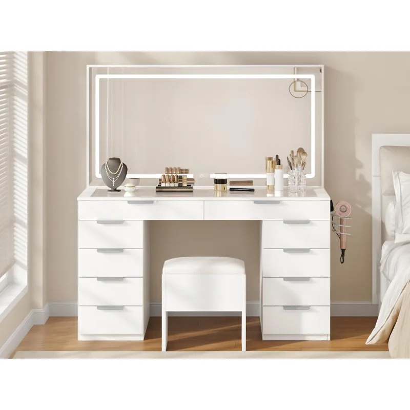 Modern Luxury Wood Bedroom Dressing Table with LED Mirror Light and Drawers White Finish for Apartment Use