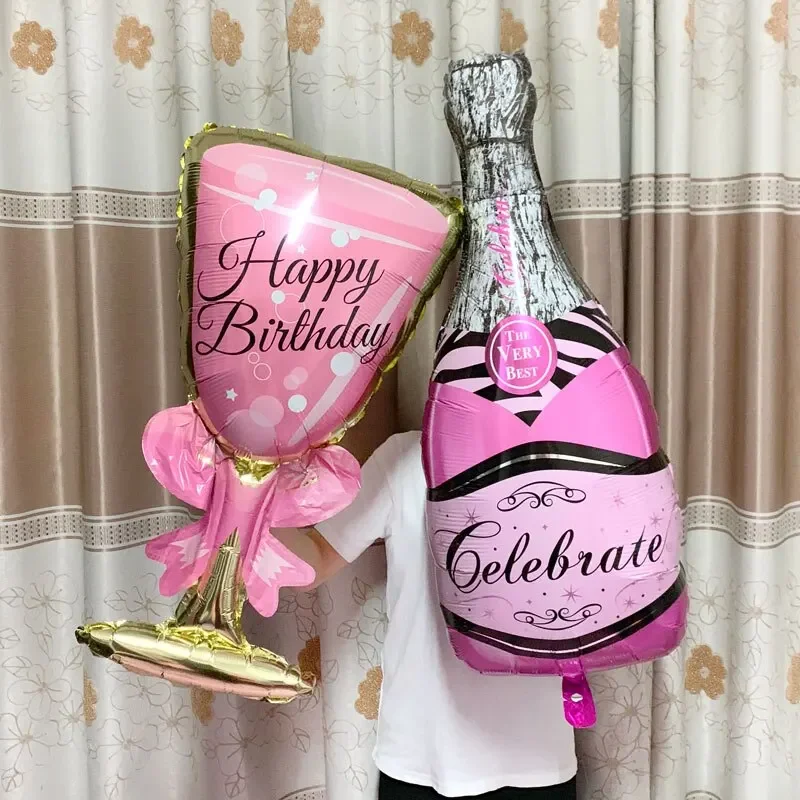 2 Stück Happy Birthday Champagnerflasche und Glas, großer dekorativer Ballon, rosa Schleife, Weinbecher, Hochzeit, Geburtstag, Party-Dekoration – Detail 3