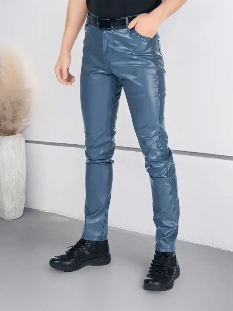 

Men's Leather Pants Skinny Fit Elastic Fashion PU Leather Biker's Trousers Nightclub Party & Dance Pants Thin