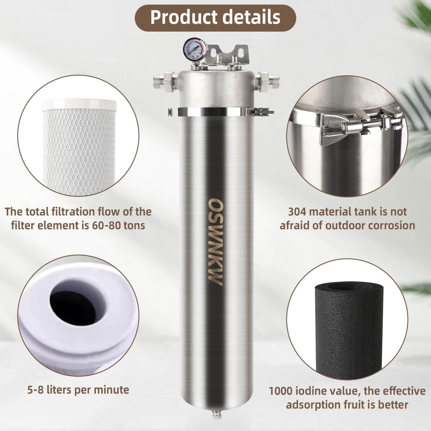 OSWNKW-06 Whole House High Flow Water Filter, High Iodine Coconut Shell CTO Activated Carbon Water Filter