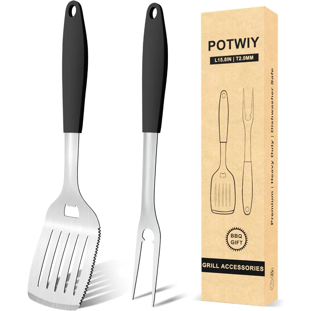 

Grill Tools BBQ Accessories Set of 2, 15.8'' Heavy Duty Stainless Steel Grill Utensils with Grill Spatula and Fork, Full Tang Si