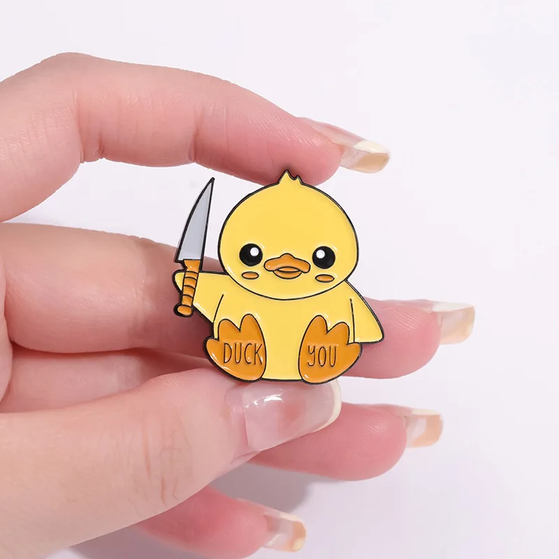 Duck You Animal Series Enamel Pin Cartoon Funny Duck with Knife Brooches Lapel Backpack Badge Jewelry Gifts for Kids Friends