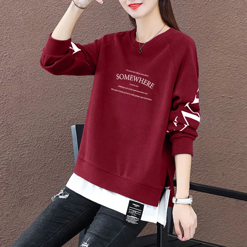 Fce Lined round Ne Sweatirt Women's Loose plus Size Korean Sle Autumn Winter Clothes Fake Two-Piece Anti-Aging Slimming