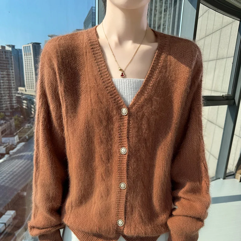100% Pure Mink Cashmere Jacquard Cardigan Women's V-Neck Twist Knit Coat Fashion Loose Warm Blouse Autumn New Animal Hair Jacket