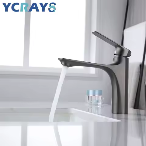YCRAYS Brass Water Plating Gray Bathroom Sink Faucet Single Handle Brushed Gold Deck Mounted Wash Basin Tap Hot And Cold Mixer