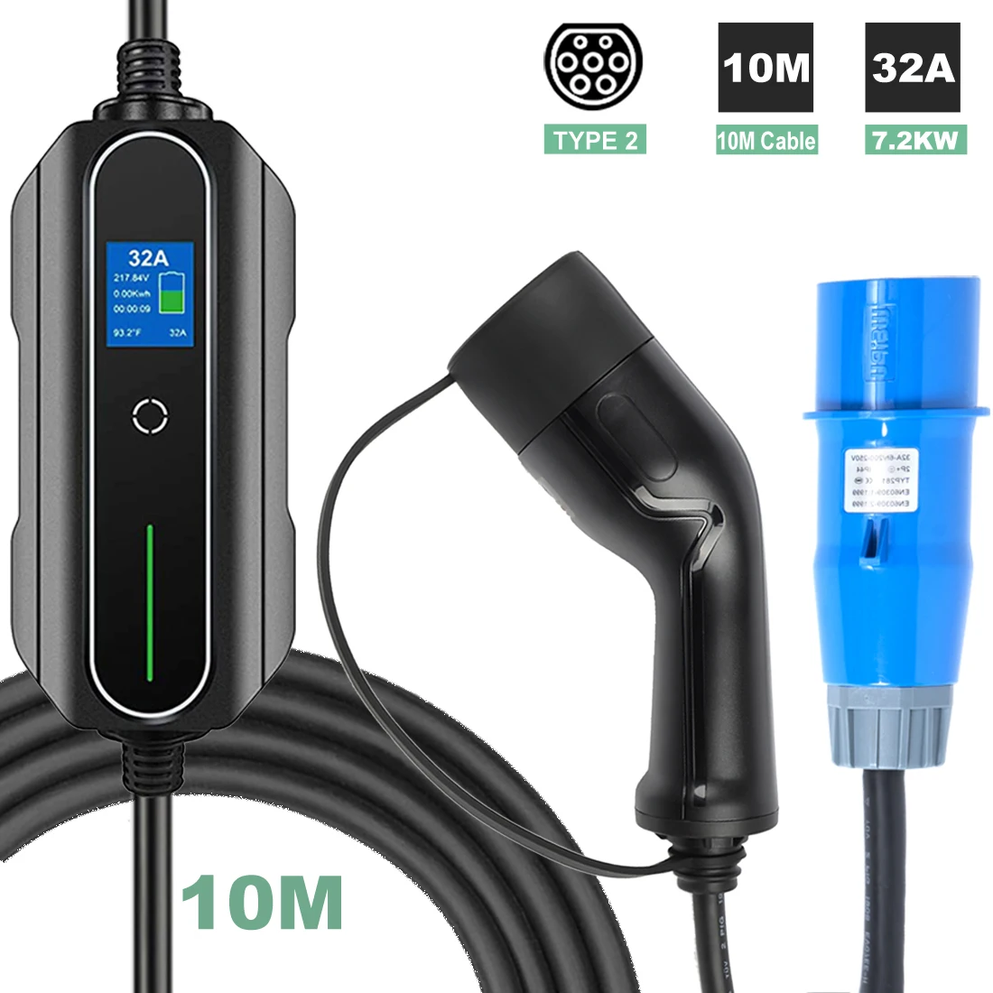 

Portable EV Charger 10 Meters Cable Type 1 J1772 Type 2 32A Single Phase 7.2KW Level 2 10M Electric Vehicle Car Charger CEE Plug