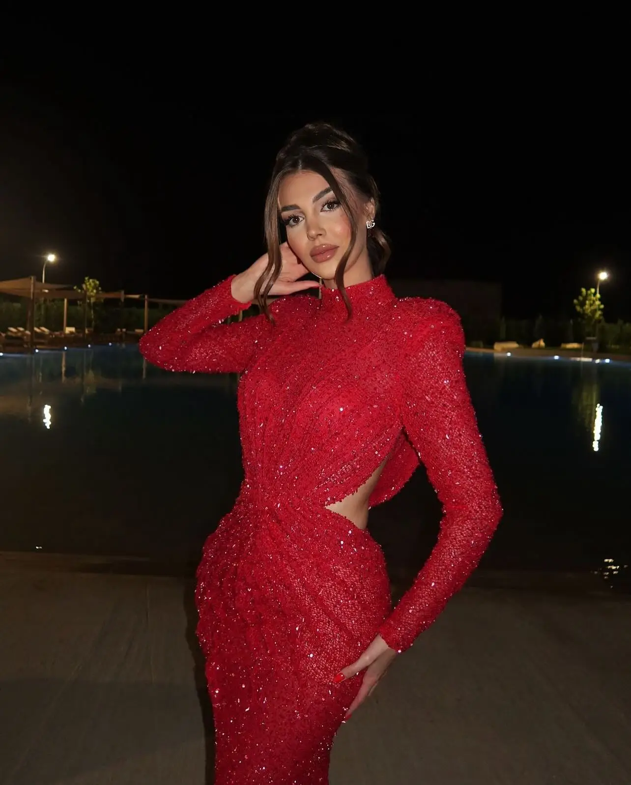 Shiny Red Sequins Mermaid Prom Dresses Long Sleeves High Neck Sexy Backless Evening Party Dress 2025 New Formal Occasion Gowns