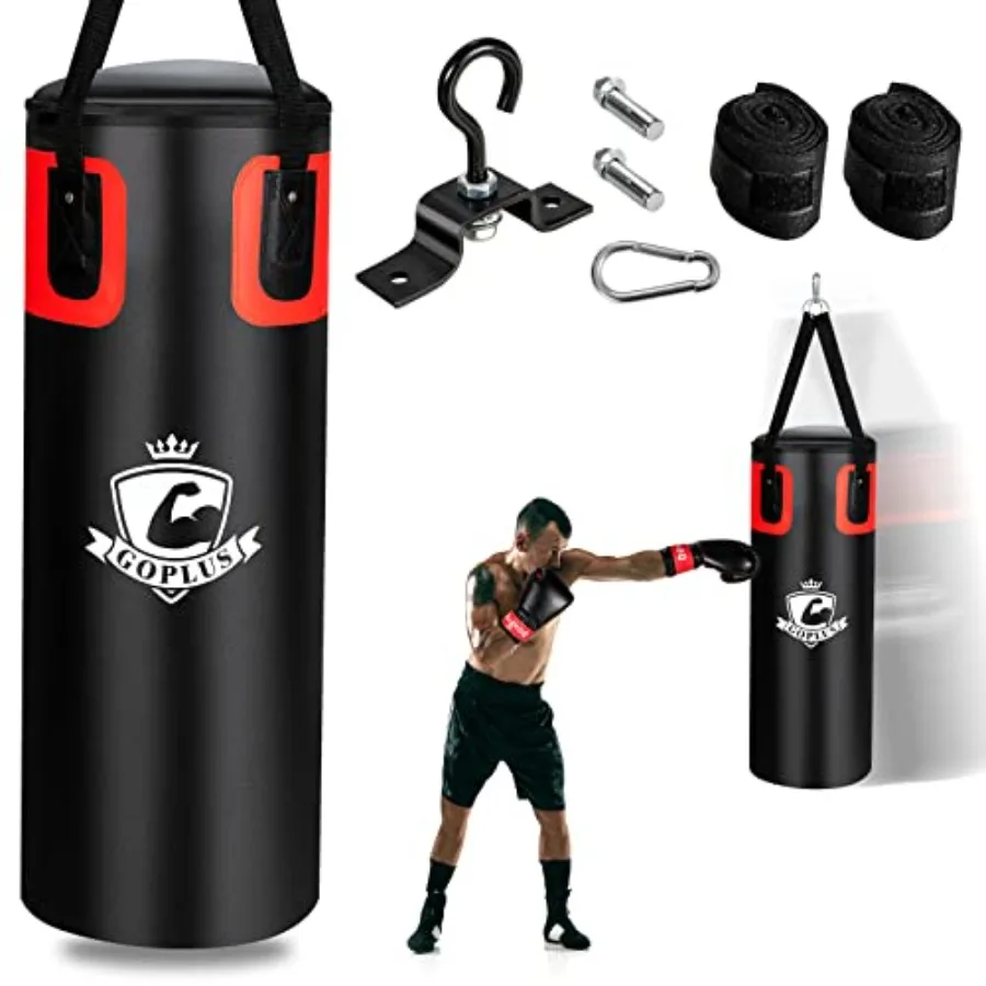 Home gym punching bag set for MMA Muay Thai Karate Taekwondo: 56 lbs heavy hanging bag with 12 oz gloves hand wraps black PVC l