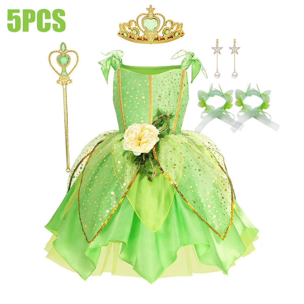 Child Girl Bell Costume Halloween Costume for Kids Green Dress Fancy Fairy Princess Cosplay Carnival Party Ball Gowns with Wing image 3