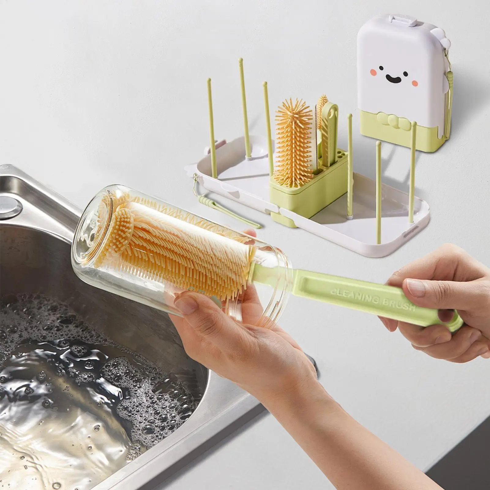 Baby Bottle Brush Set Travel Bottle Cleaning Kit With Storage Case Vertical Scrubber Portable Foldable Drying Rack For Kitchen