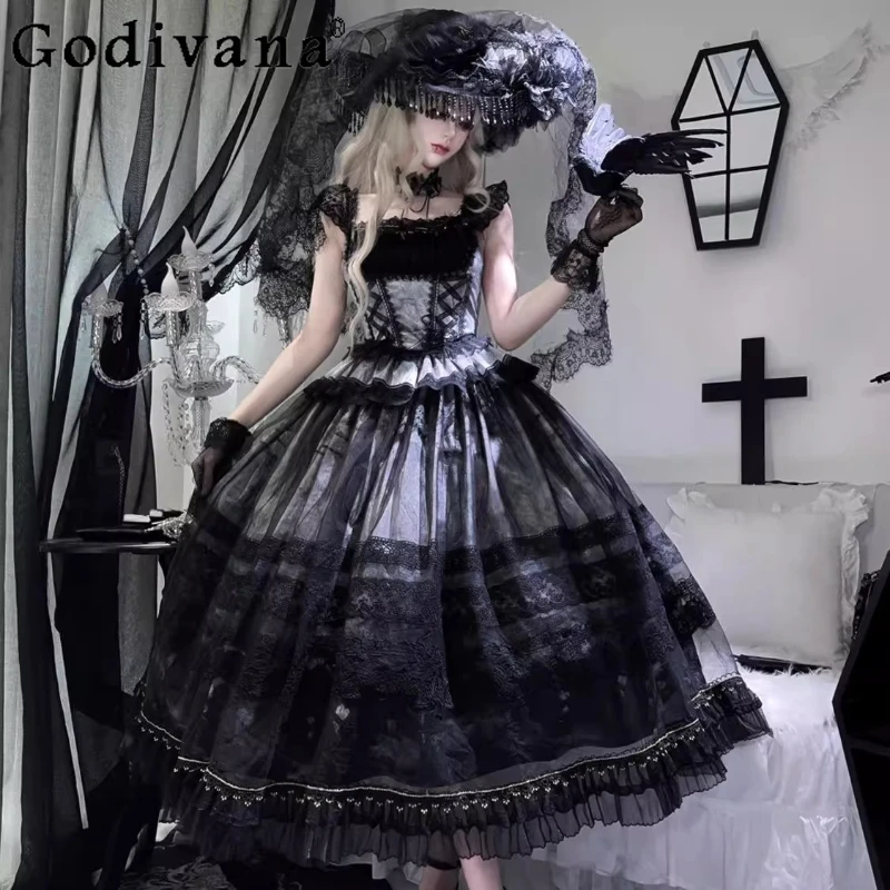

Original Halloween Black Gothic Cos Black Split Dress Women's Elegant Cla Princess Tea Party Dress Sweet Top Skirt 2-Piece Set