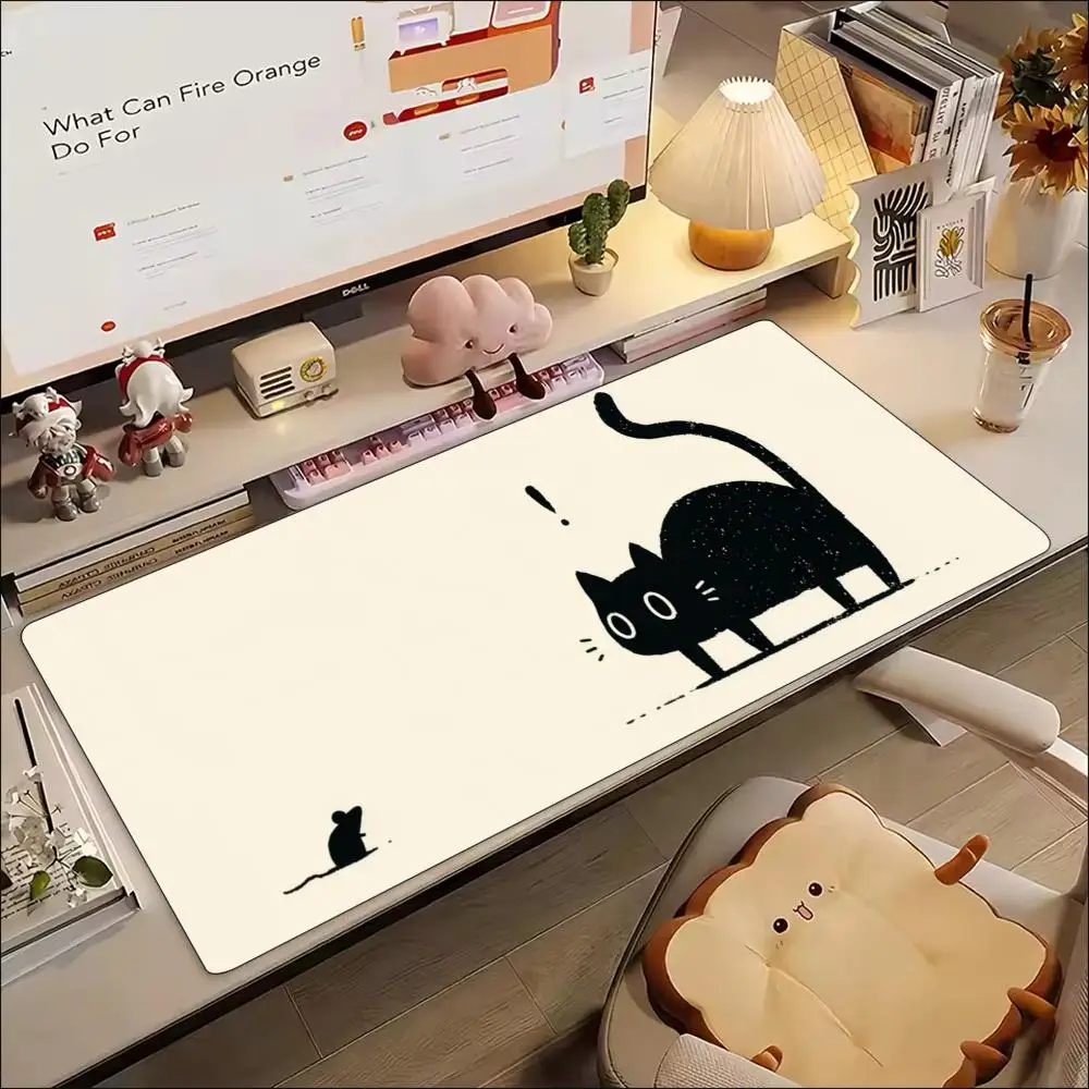 Surprised Black Cat Mouse Mousepad Large Non Slip Rubber Desk Mat Smooth Surface Keyboard and Mouse Pad for Cute Pet Owners