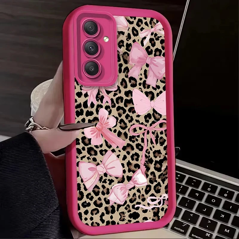 Pink Bow Knot Leopard Print Phone Case For Samsung Galaxy A14 A15 5G S21 S22 S23 S24 25 FE Plus Ultra A25 A35 A52 A53 A54 A55