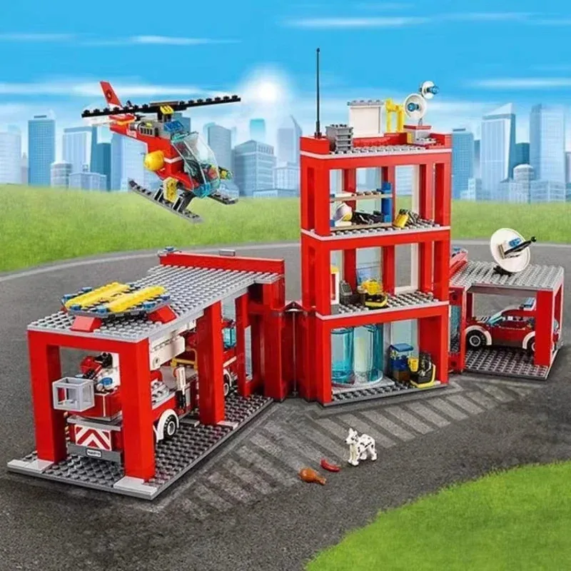 City Fire Station Helicopter Truck Garage Firehouse Building Blocks Set Bricks Compatible 60110 Model Festival Party Gift
