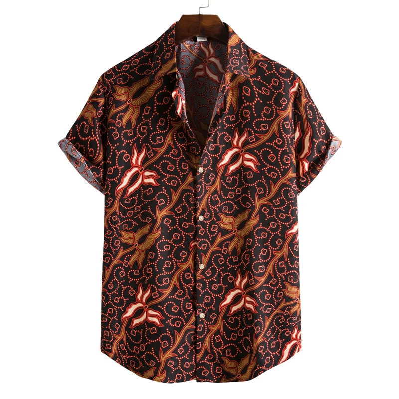 Camisa de manga curta com estampa floral havaiana masculina, camisa retrô, férias de praia, casual, estilo clássico, sociedade social, verão