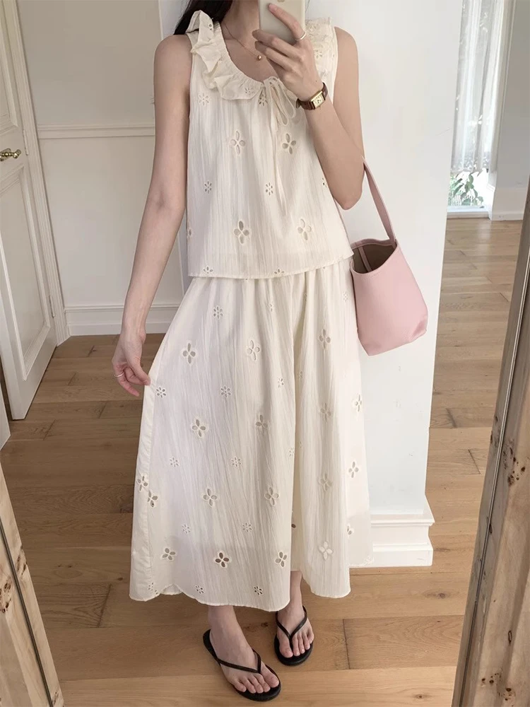 

Liangliang Fre Hollow out Hook Flower Svel irt Women's Summer New High Waist Skirt Two Piece Set Cotton Blend