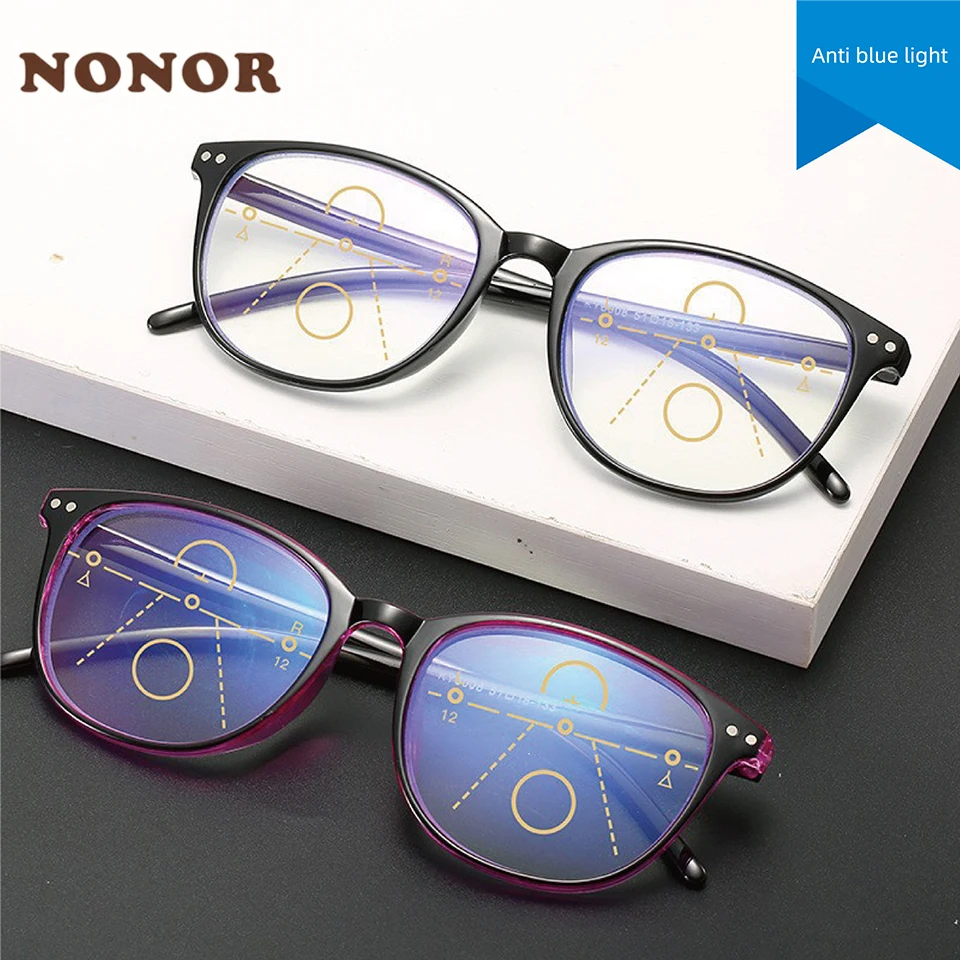 NONOR Retro Anti Blue Light Progressive Reading Glasses Multi Focus Bifocal Reading Large Frame Zoom Prescription Eyewear