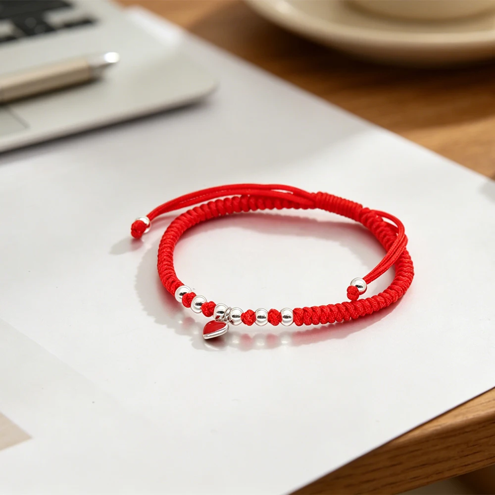 La Monada 925 Sterling Silver Red Braided Cord Heart Charm Adjustable Rope Bracelet Fine Wrist Jewelry For Women