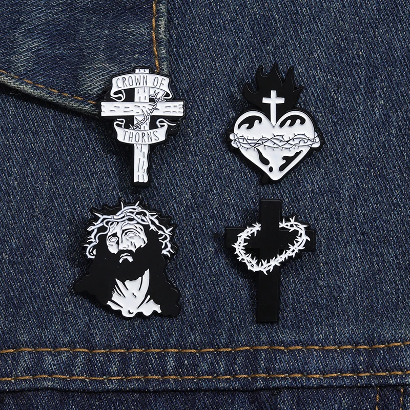 Christian Cross Enamel Pins Jesus Crown Of Thorns Brooches Backpack Clothes Shirt Lapel Badge Punk Gothic Bag Pin Accessories