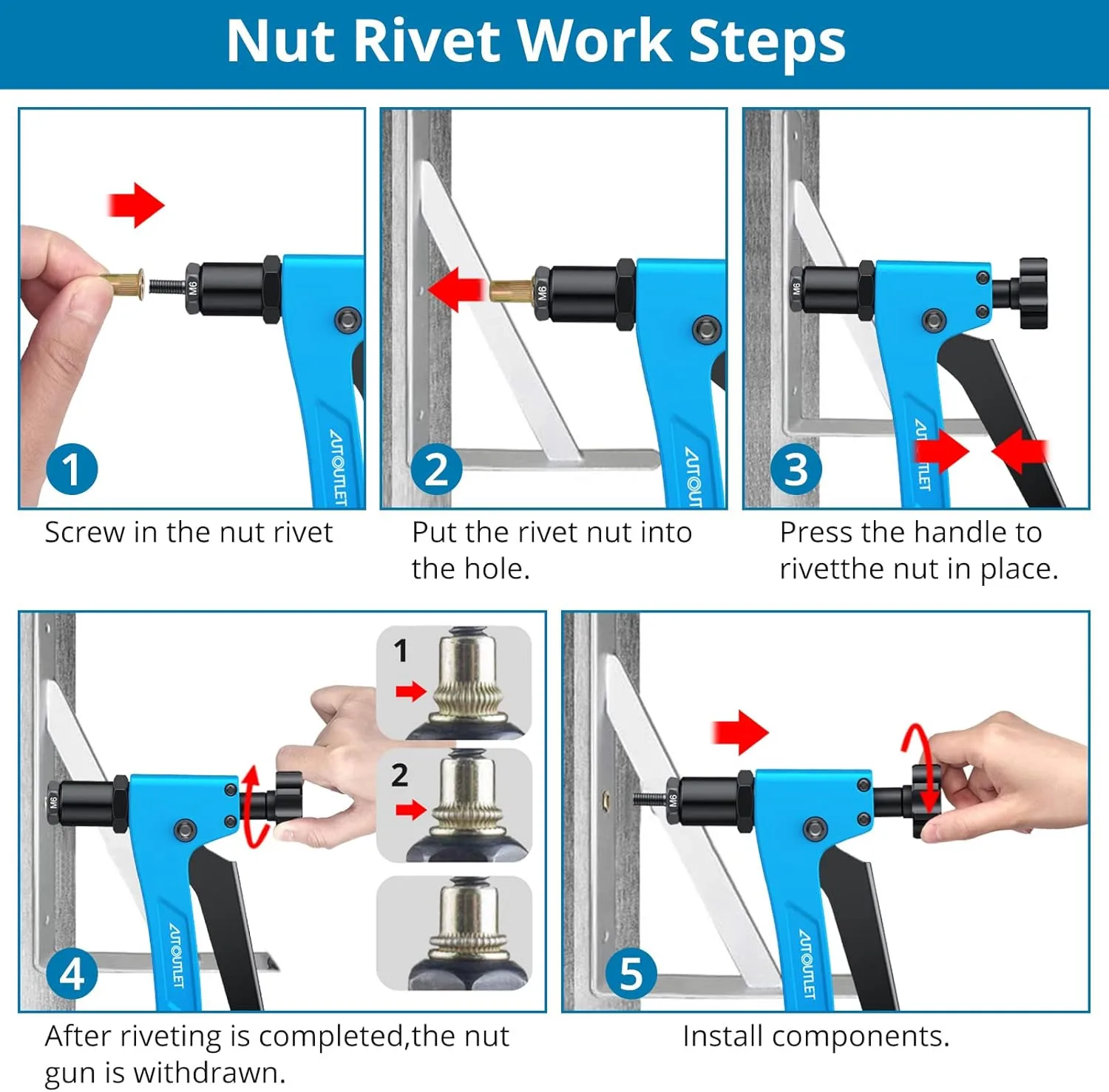 طقم مكسرات تثبيت ، 2 في 1 ، 10 إنش ، احترافي صغير ، مقبض فردي ، أداة مسدس ببرشام مع 40 ، مكسرات ، 40 قطعة ، مسدس