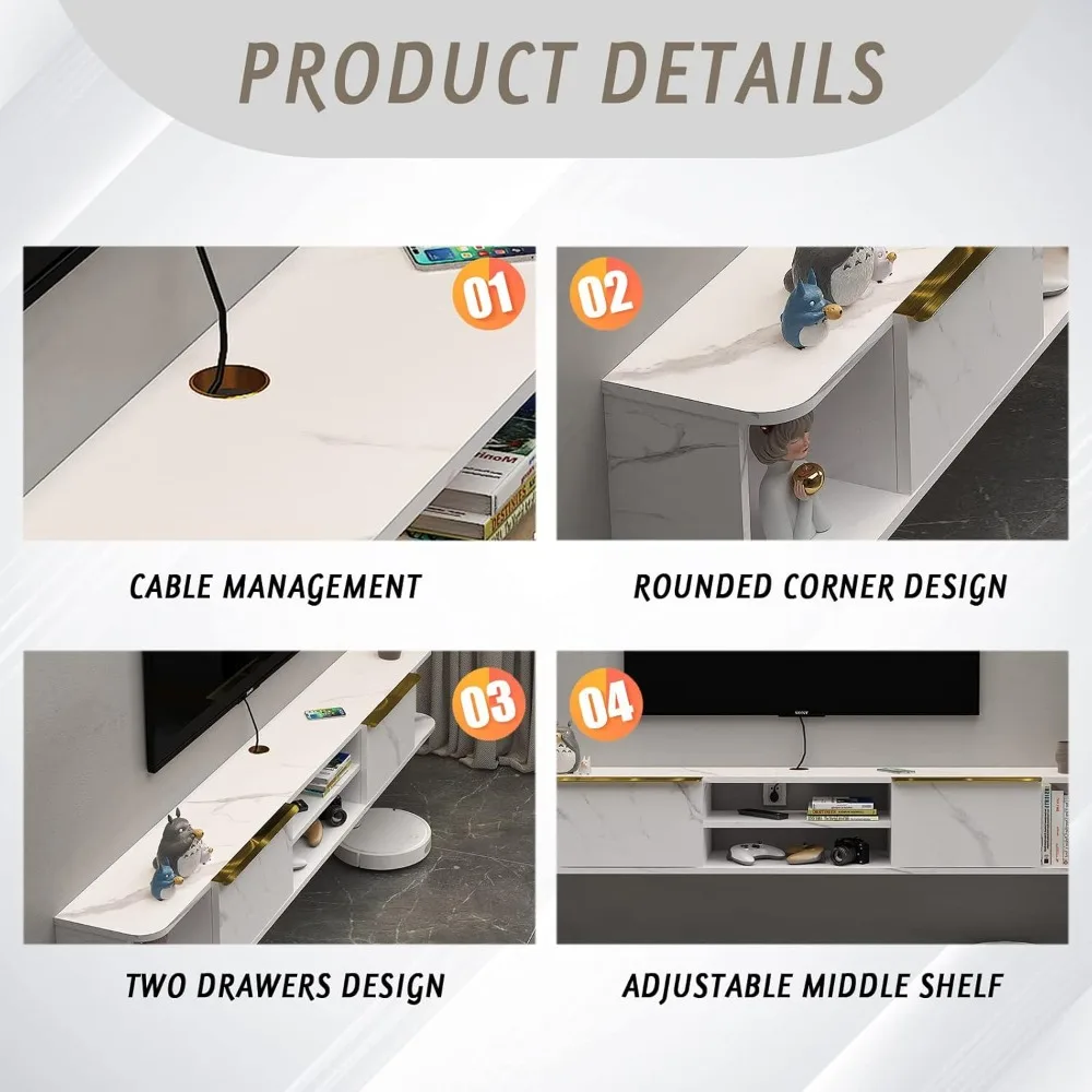 حامل تلفزيون عائم من Pneumonia مع درجين، ورف تلفزيون مثبت على الحائط مقاس 78 بوصة، ووحدة تحكم الوسائط لغرف النوم وغرف المعيشة باللون الأبيض