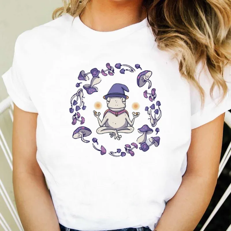 Pflanze Frosch Pilz Garnelen Rundkragen Druck Weißes T-Shirt Kurzarm Damenbekleidung Ästhetische Kleidung Grafik T-Shirts