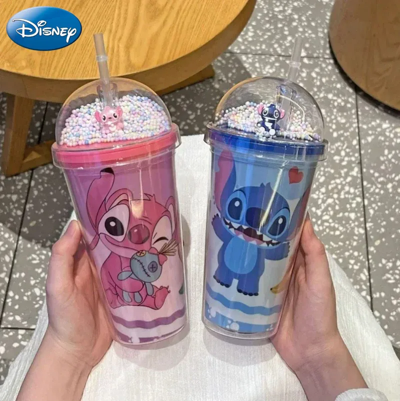 

450ML Disney Cartoon Water Cup Lilo & Stitch Plastic Double-layer Straw Kettle Children Boys Girls Birthday Gift Portable Bottle