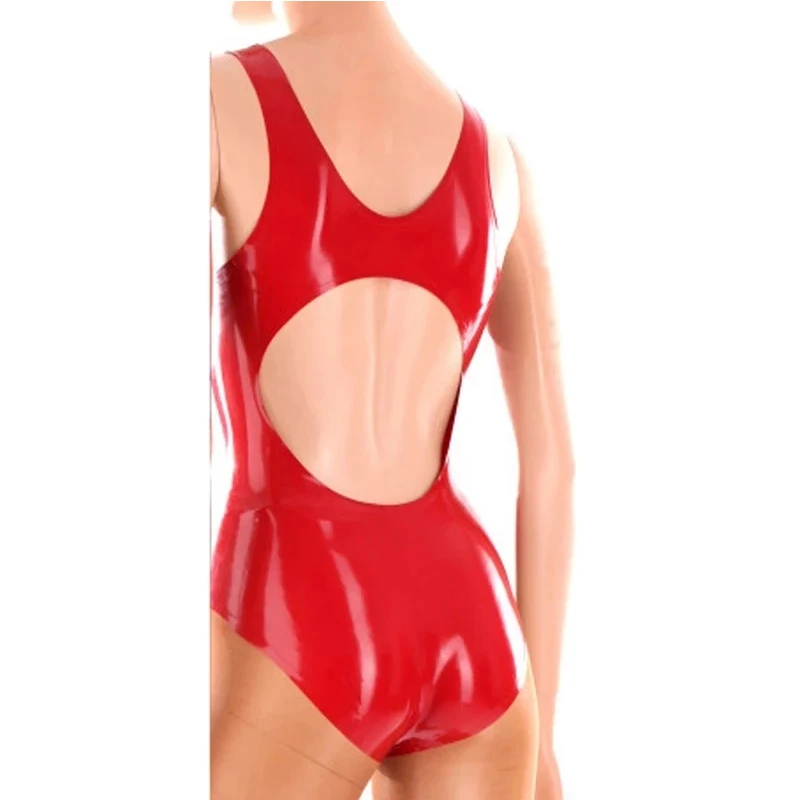 

Red Sexy Sleeveless Latex Swimsuit High Cut Leg Open Back Holes Round Collar Body Suit Catsuit Rubber Bodysuit