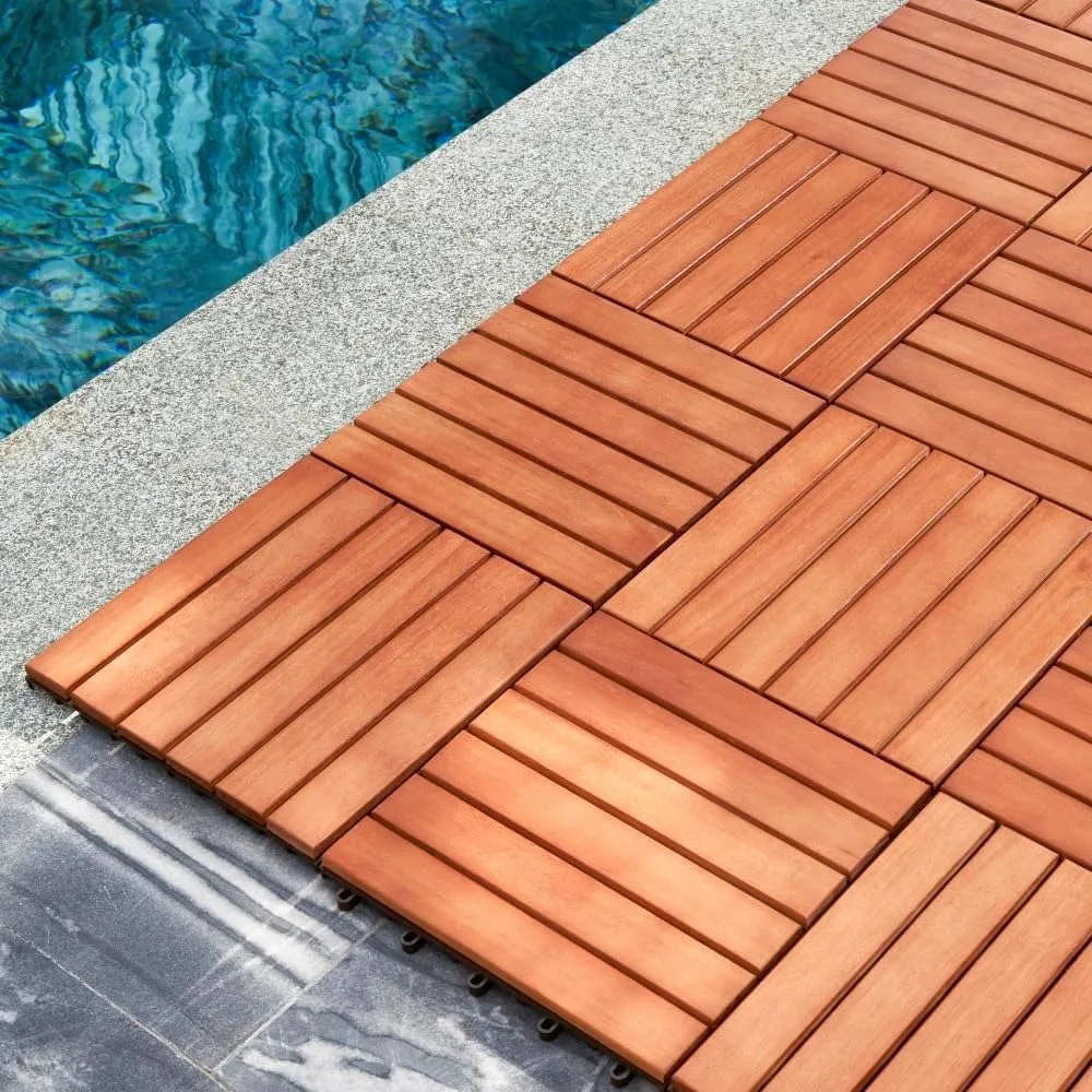 

6-Slat Reddish Brown Wood Interlocking Deck Tile (Set of 10 Tiles) Suitable for courtyard, garden, pond, swimming pool