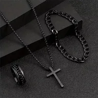 Punk Cross Pendant Necklace Bracelet Chain Ring Men's Set Simple Personality Hip Hop Party Three Piece Jewelry Accessories 1