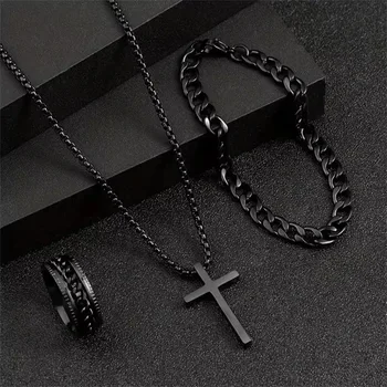 Punk Cross Pendant Necklace Bracelet Chain Ring Men's Set Simple Personality Hip Hop Party Three Piece Jewelry Accessories 1