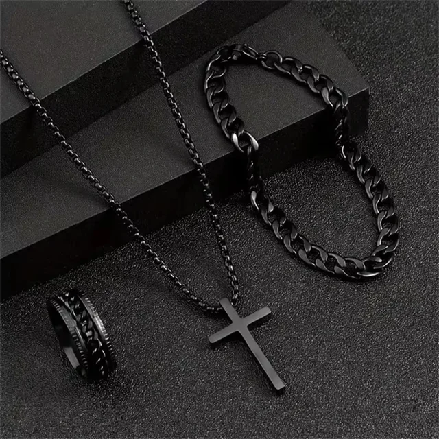 Punk Cross Pendant Necklace Bracelet Chain Ring Men's Set Simple Personality Hip Hop Party Three Piece Jewelry Accessories 1 Punk Cross Pendant Necklace Bracelet Chain Ring Men's Set Simple Personality Hip Hop Party Three Piece Jewelry Accessories 1