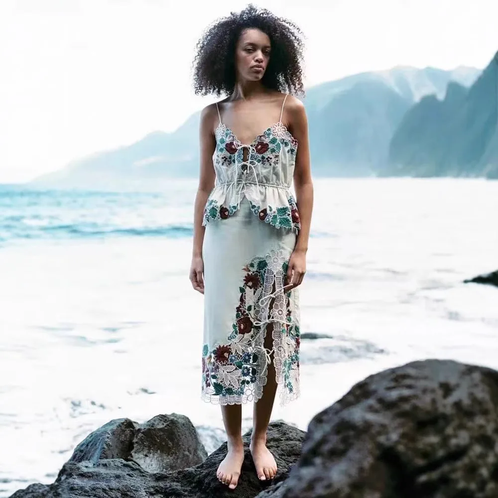 

Retro Floral Embroidery Heavy Work Lace ter Top Split Skirt Set Women's Faion Spring Summer Outfit Set