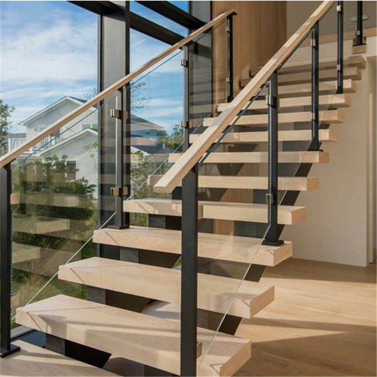 Easy Metal Wood for Second Floor Indoor Straight Wood Staircase Central Stringer Durable Iron Steel with Glass Railing