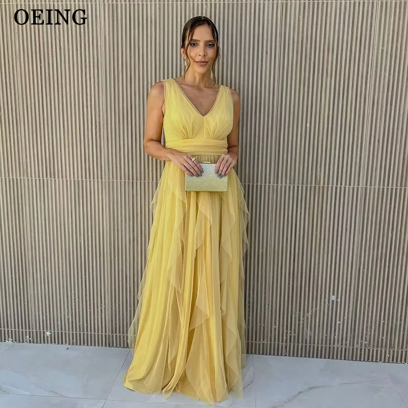 OEING Yellow A-Line Prom Dresses Soft Tulle Elegant V-Neck Pleat Ruched Party Gowns Floor-Length Vestidos de noche