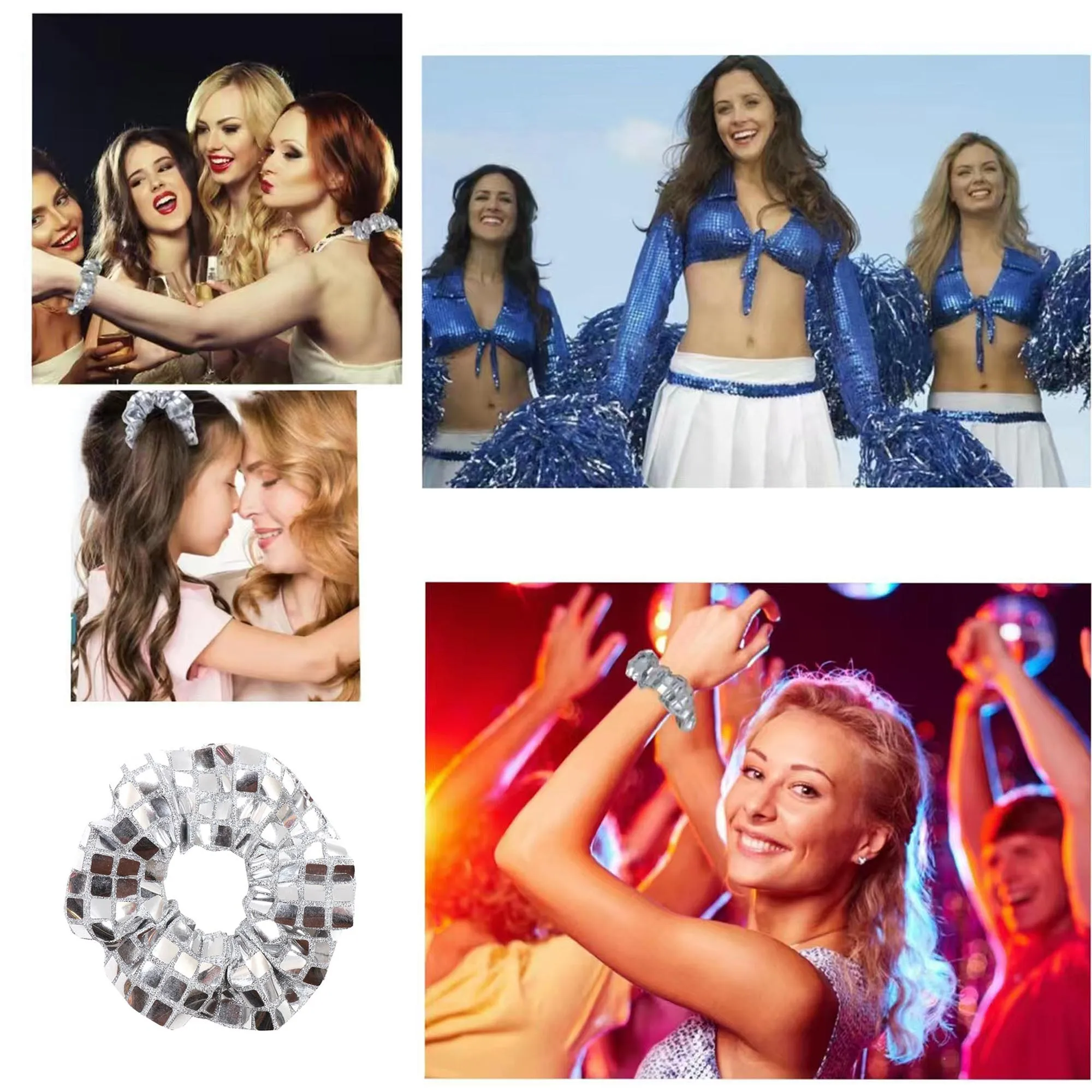 5 Stück/20 Stück Spiegel Disco Pailletten Haargummis Metallic Silber Scrunchies CHEERLEADERS Mädchen Pferdeschwanzhalter Haarschmuck – Detail 8