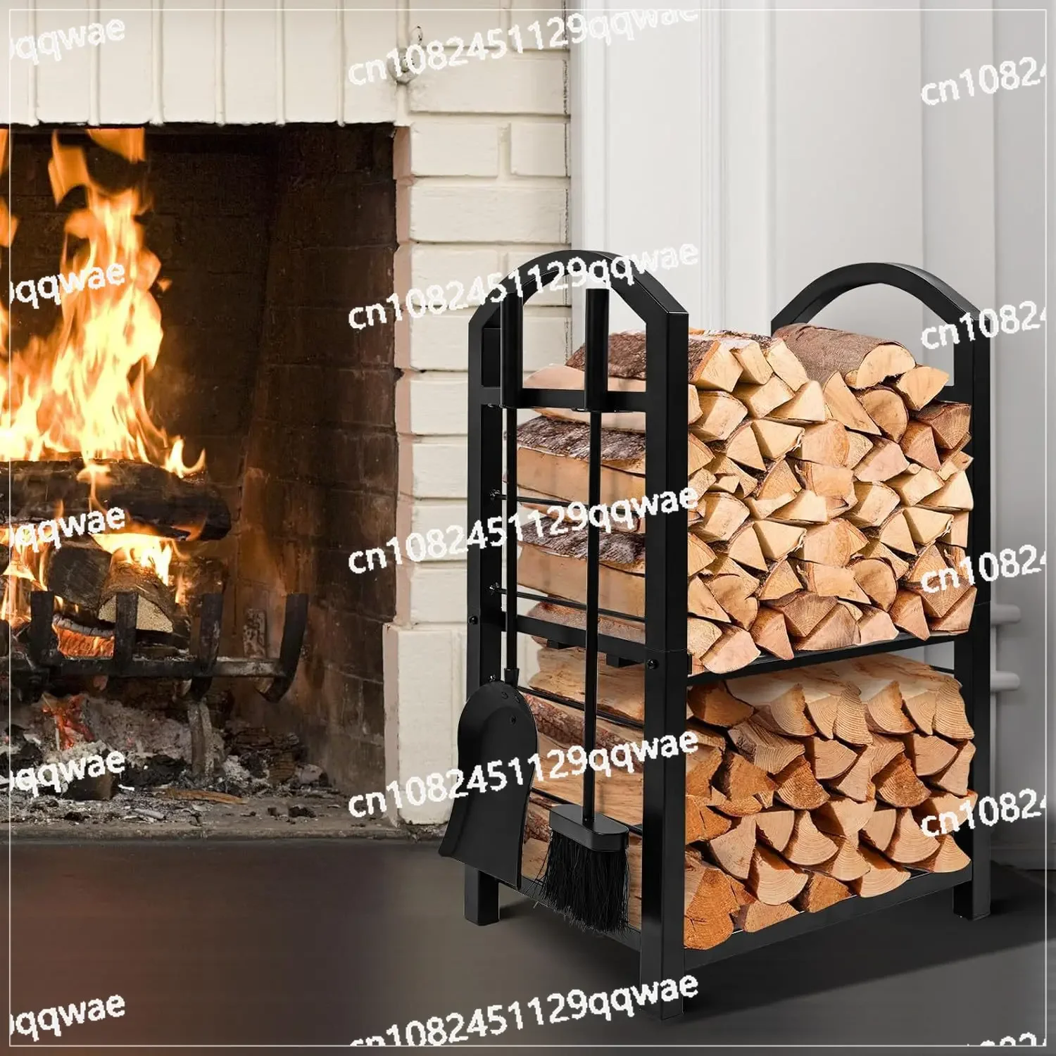 Black Thickened Wrought Iron Firewood Rack Fully Disassembled, Light Luxury Log Holder with Spot Hair Strap Hook view 3