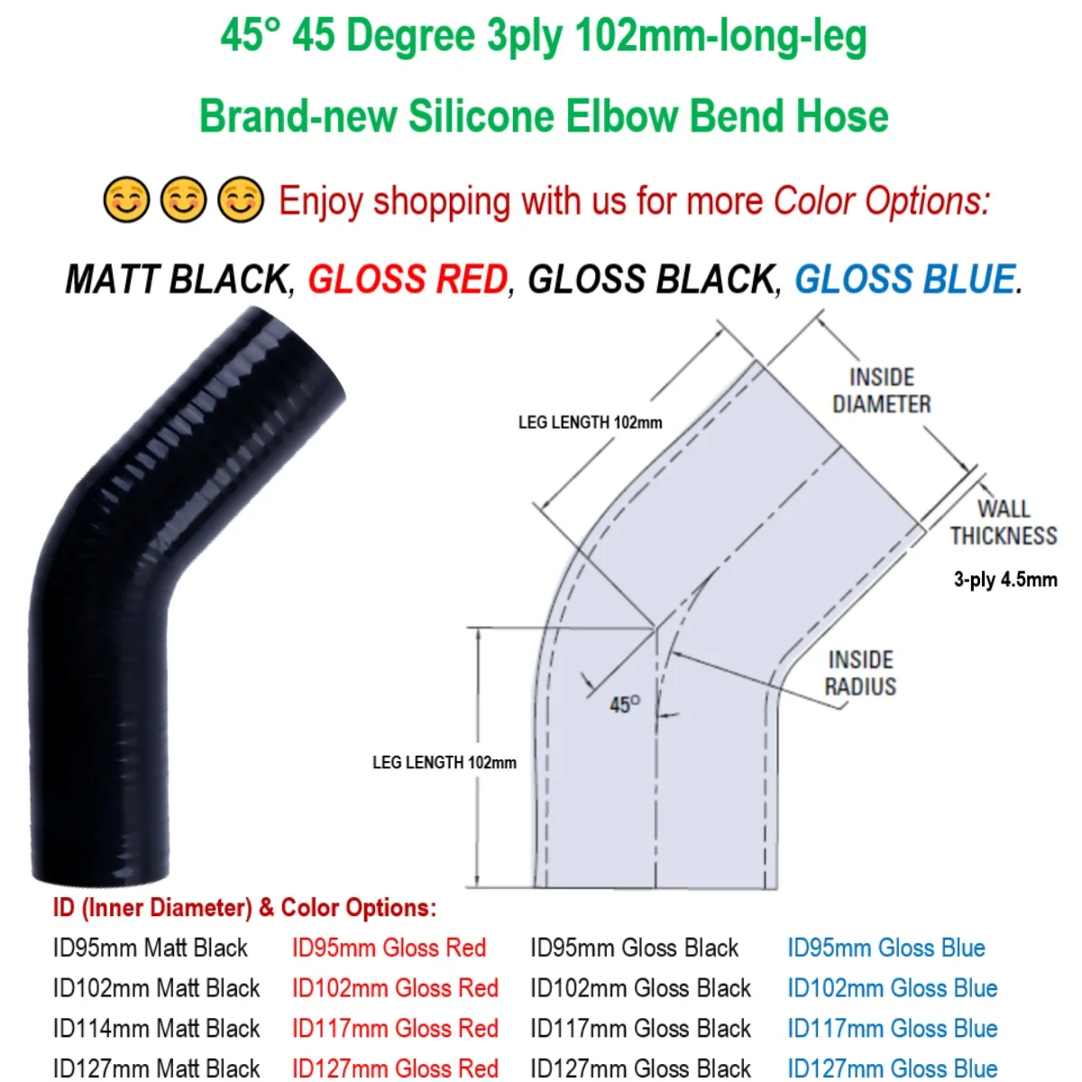 45° 45 Degree 3ply 102mm-long-leg Silicone Elbow Bend Hose ID 95mm 102mm 114mm 127mm Matt Black Gloss Black Gloss Red Gloss Blue