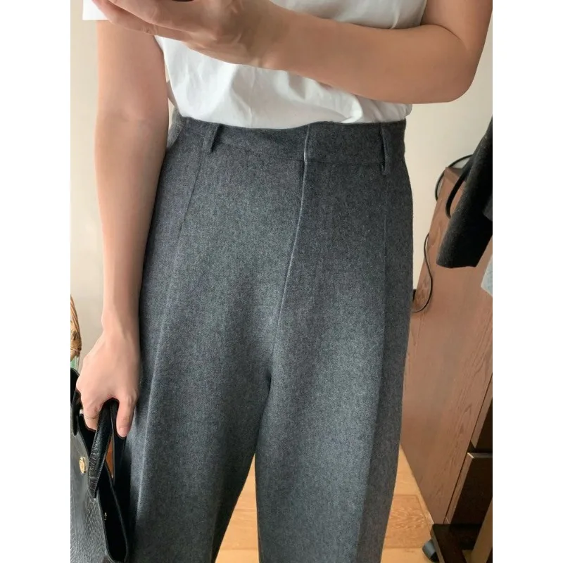 冬の新作スリムで多用途な厚手のルーズウールパンツ、女性用シンプルで上品なワイドレッグパンツ