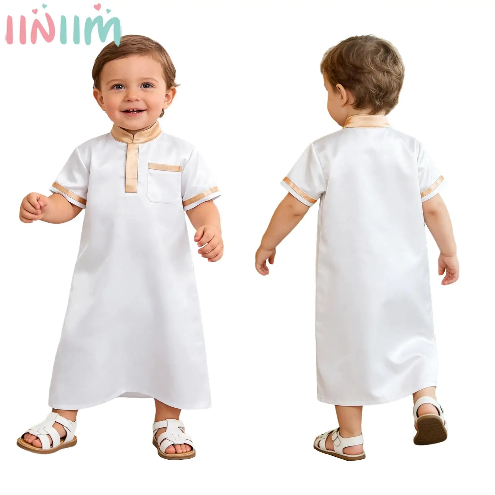 

Мусульманская Абая для маленьких мальчиков, арабская молитвенная Абая, кафтан с короткими рукавами, атласный халат, Ближний Восток, ислам, Тобе для фотосессии Рамадана Ид