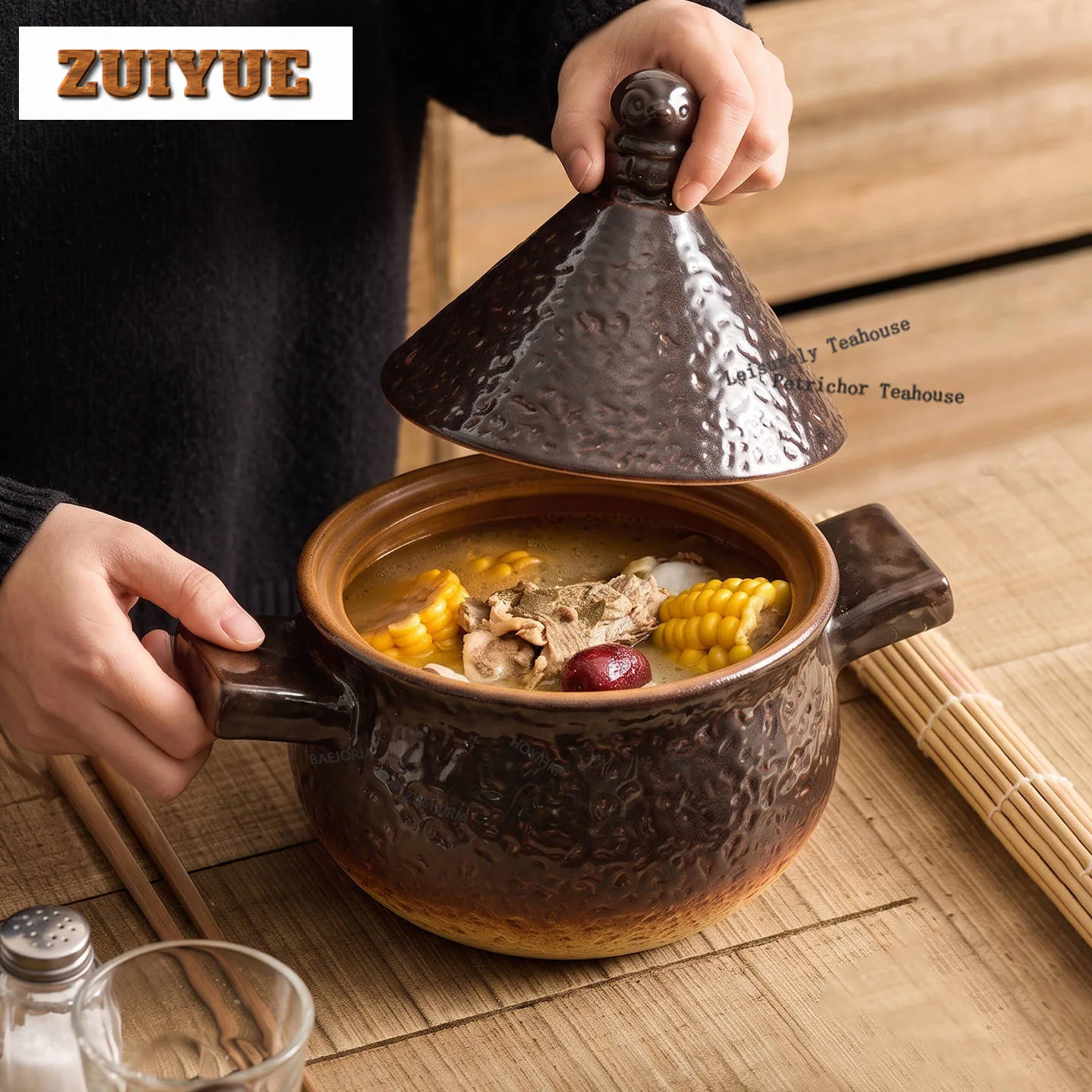 HOYIHM 1100ml Gradient Brown Ceramic Penguin Casserole Double Ear Clay Pot Heat Resistant For Gas Stove Soup Stew Single Serve