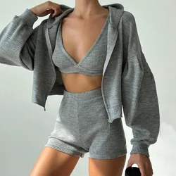 Hooded Fashion Zipper Cardigan Sweater Women Knitwear V-neck Triangle Cup Corset High-Waisted Tight Shorts Casual Three-piece