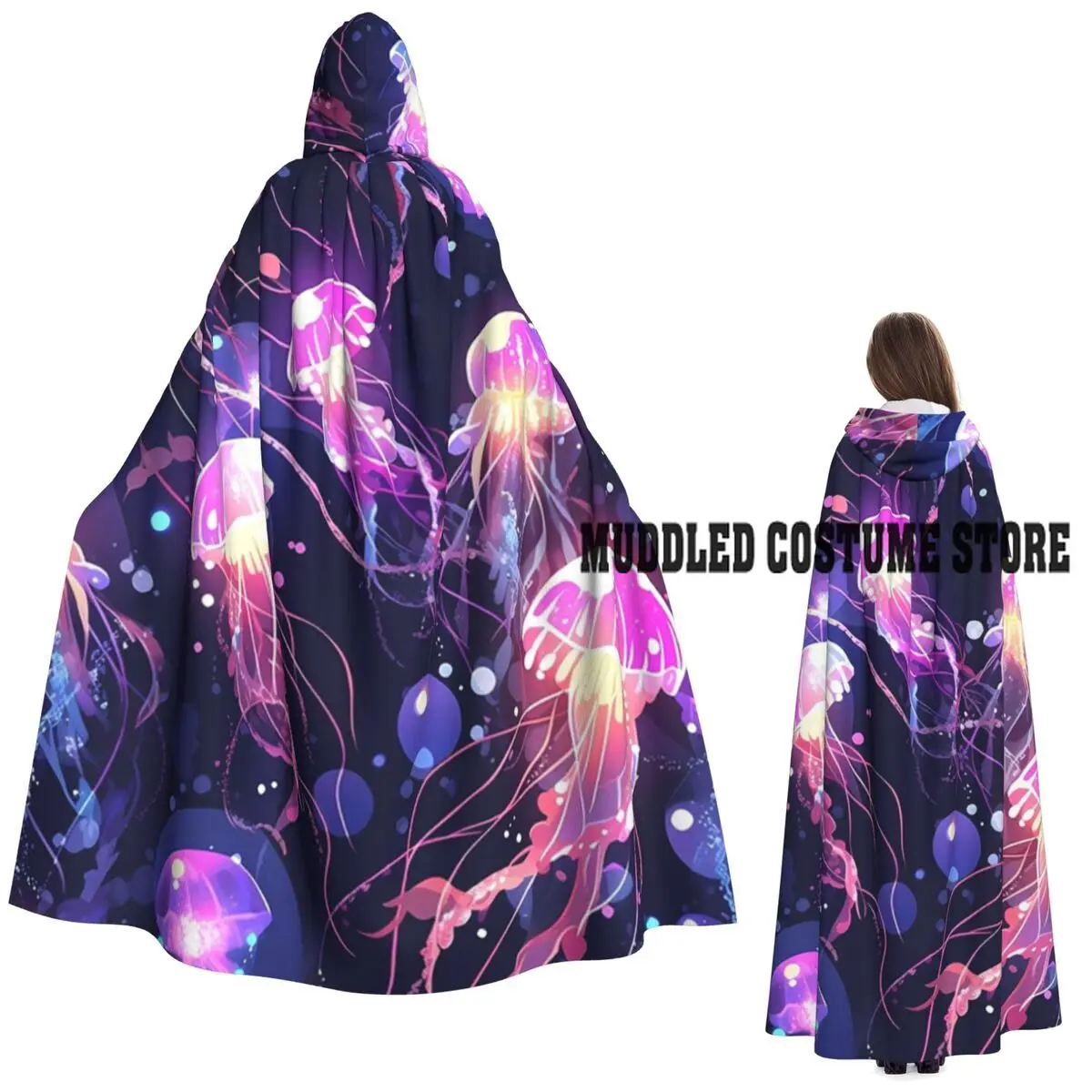 

Magic Glowing Jellyfish Long Hooded Cloak Witch Medieval Costume Cosplay Cape HalloweenCoat Adult Unisex